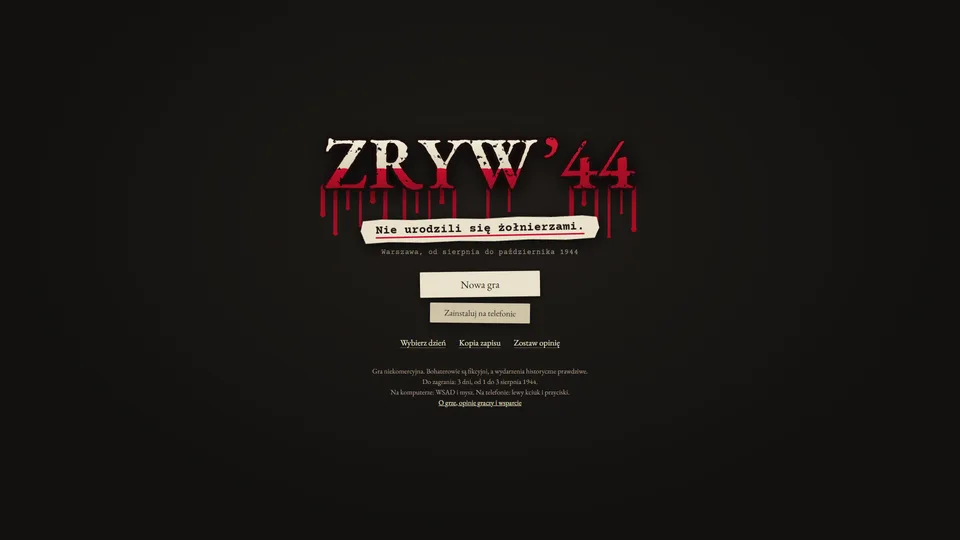 Ekran tytułowy z logo ZRYW ’44, hasłem i menu